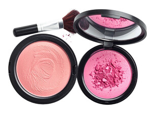 Two round blush compacts, one open, one closed, with a makeup brush