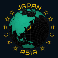 Japan on Globe. Round country and continent name text. Country view on world map in Black Emerald color palette. Japan shape on map. Artistic vector illustration.