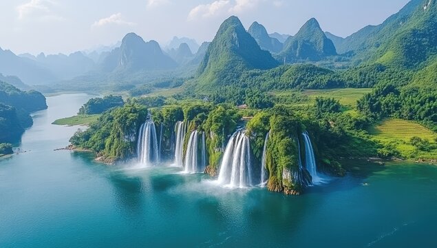 Waterfalls plunge into lake, mountain backdrop under hazy sky