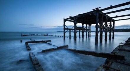 Fototapeta premium Ruined pier at twilight. Ocean water laps at decaying pilings
