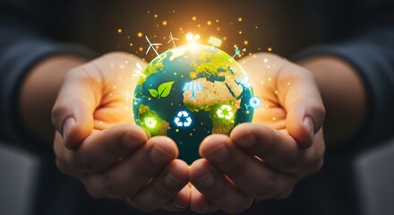 Fototapeta premium Hands delicately cradling a glowing Earth globe adorned with renewable energy icons, symbolizing ecological harmony, concept for sustainable development, environmental awareness and green technology