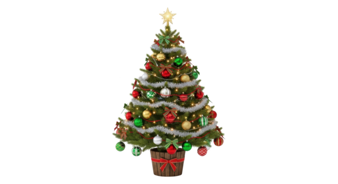 Decorated Christmas Tree with Ornaments and Star featuring Christmas, tree, decorated, ornament, star isolated on clean