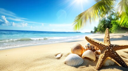 Seashells and Starfish on a Tropical Beach
