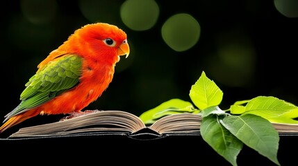 Orange-breasted Parrot on Open Book with Green Leaves