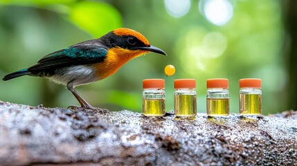 Exotic Bird and Sample Vials in Lush Forest Setting