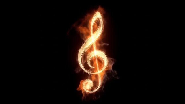 Burning musical note treble clef symbol with fire effect on black background