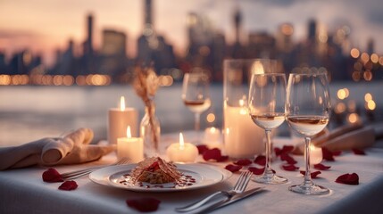 Romantic dinner setup under soft evening light in urban skyline location elegant table setup cozy atmosphere intimate viewpoint
