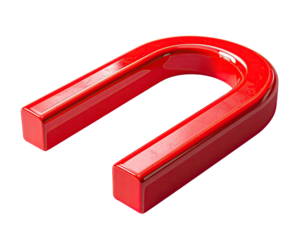 A glossy, red horseshoe magnet