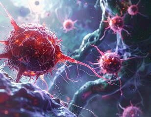 Spiked, red cells amid blue/green abstract structure