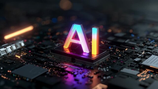 Panning view of abstract microchip with the word AI in bright neon colors and glowing light illuminating the digital technology landscape background