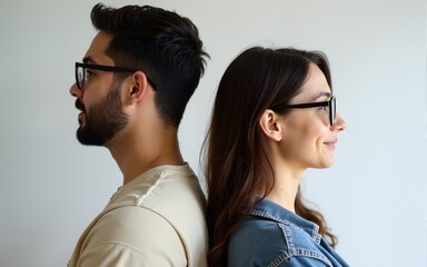 man and woman wearing eyeglasses stood back to back. High quality