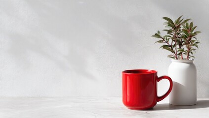 A red mug sits beside a vase of plants against a textured white wall, soft light