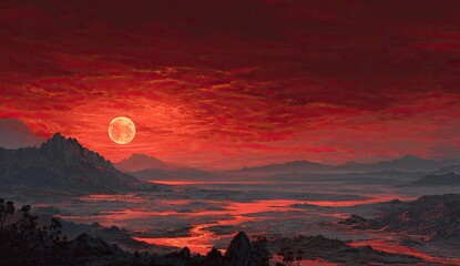 Crimson landscape with mountains, a hazy river, and a bright, blood-red moon in the sky
