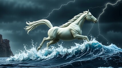 A white horse leaps across turbulent waves, amidst a stormy sky and flashing lightning.