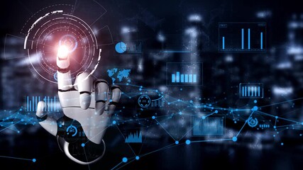 A futuristic robot hand reaches out to interact with a digital interface filled with graphs and data visualizations, representing advanced technology in a modern cityscape. Xenic - Powered by Adobe