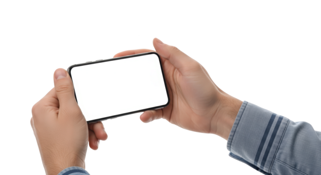 Hands holding smartphone horizontally with blank screen featuring hands, holding, smartphone, mobile, phone perfect choice for