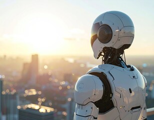 White robot gazes at city skyline in golden sunlight
