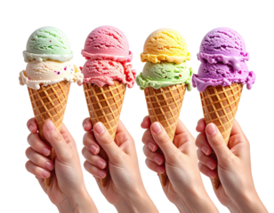 Hands holding ice cream cones with colorful scoops