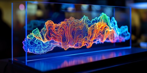 Vibrant 3D visual of colorful data wave inside transparent display showcasing futuristic technology concept.