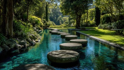 Tranquil garden path through a pool.  Stone stepping stones lead through a reflecting pool in a lush, landscaped garden.  Sunlight filters through trees