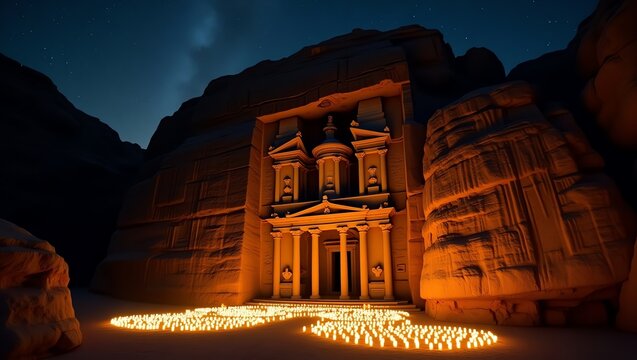 Petra Treasury facade illuminated by candlelight at night