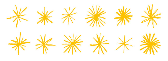 Yellow crayon hand drawn stars and sparkles set. Golden rough brush stroke shine element pack for collage, poster, sticker, label. Sketched pencil asterisks. Gold doodle sparks collection. Vector