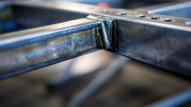 Focused shot of a welded joint on a custom metal frame showcasing precision crafting with the rest of the structural elements softly blurred.