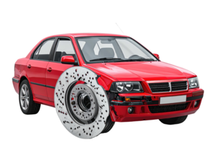 Red car with damaged front end and exposed brake disc