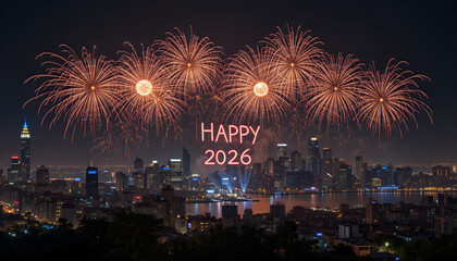 Naklejka premium Happy 2026 fireworks over new york city skyline at night, celebration