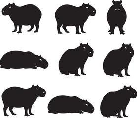 Fototapeta premium Capybara Silhouette Array: A collection of various capybara silhouettes, captured in diverse poses and angles, offering a versatile asset for graphic design and wildlife-themed projects.