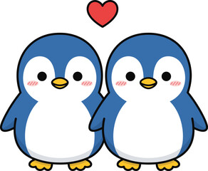 Cute penguin couple illustration, kawaii penguins in love, romantic animal cartoon, adorable penguin artwork, Valentine’s day design, sweet penguin vector, heart love drawing