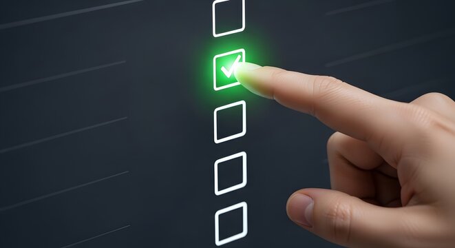 Digital checklist interaction with glowing green checkbox highlighted by touch gesture for task management and productivity enhancement