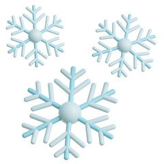 Three Light Blue and White Snowflake Ornaments Floating on Transparent Background for Winter Holiday Season Decoration