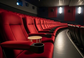 Cozy cinema experience with red seats and popcorn in a modern theater setting