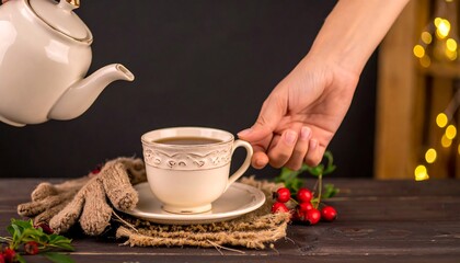 Pouring Tea Into Cup with Hand and Festive Decorations