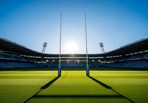 Rugby stadium under blue sky at sunrise perfect for sports event promotion and design projects - Powered by Adobe
