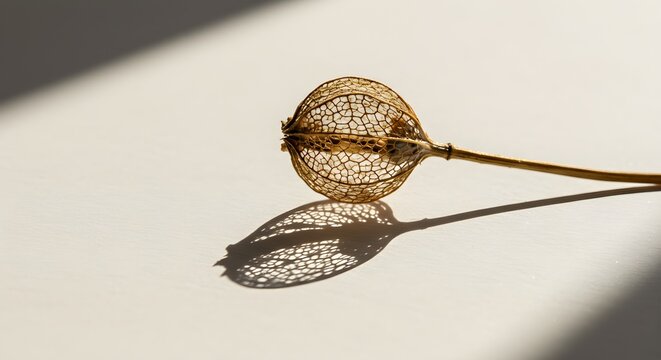 Delicate dried plant seed pod casting long shadow on a neutral background