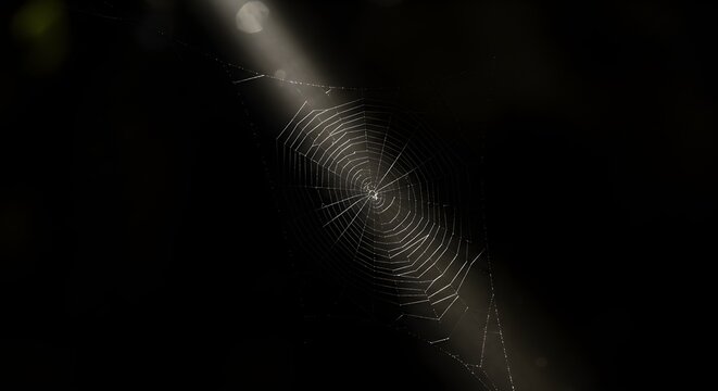 Delicate spiderweb illuminated by soft light against dark background