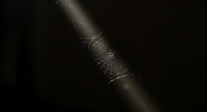 Delicate spider web illuminated by sunlight against dark background
