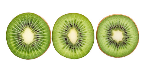 Fototapeta premium Fresh Ripe Kiwi Fruit Cross-Section and Slice Isolated on Transparent Background High-Resolution Kiwifruit Halves and Vertical Slice with Juicy Green Flesh