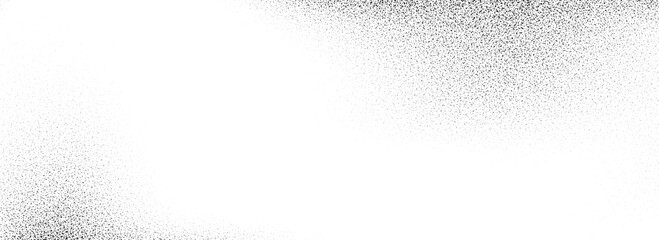 Black dotted grainy gradient texture. Stippled sandy grit overlay. Grunge sprayed noise background. Rough distressed dotwork backdrop with dust, particles, speckles. Vector subtle specks wallpaper