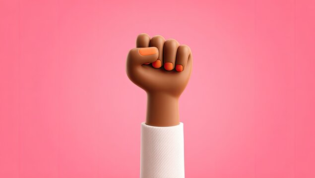 3D rendering of a brown fist raised high on a pink gradient background, orange nails