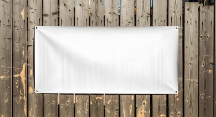 Blank banner on rustic wooden fence for advertising and outdoor event display design