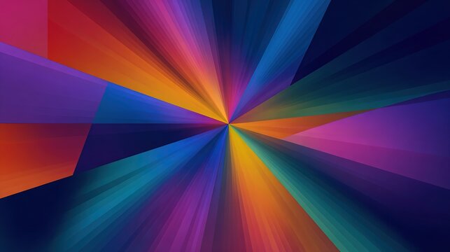 Abstract radial burst of colorful light beams, geometric shapes in dark background