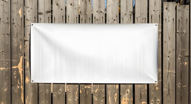 Blank banner on rustic wooden fence for advertising and outdoor event display design