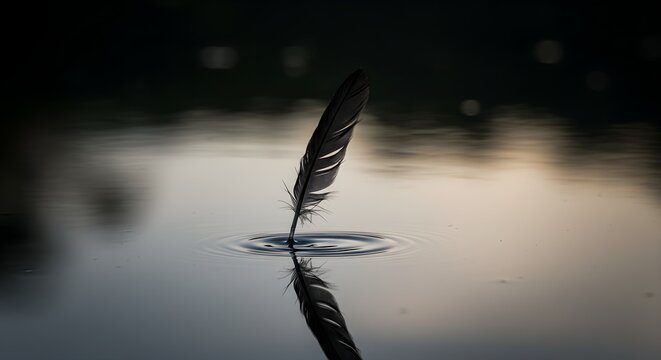 Feather floating on water with reflection natural daylight setting