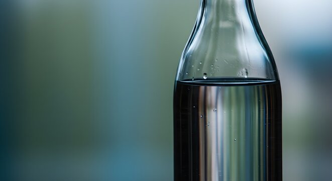 Glass bottle with clear water against blurred background for beverage concepts
