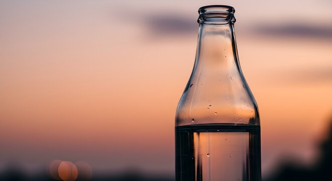 Glass bottle of water against sunset sky providing refreshment outdoors