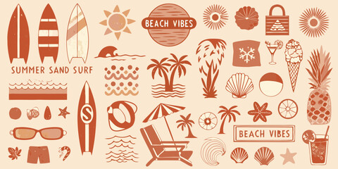 Collection of summer beach vibes icons and illustrations for vacation and travel