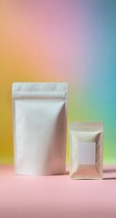Two blank, white, resealable food pouches, one large and one small, on a pastel-colored, ombre background